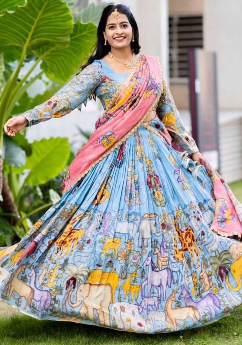Sky Blue Cotton Lehenga Set with Embroidery for Diwali | Wedding & Festive Wear - Indya