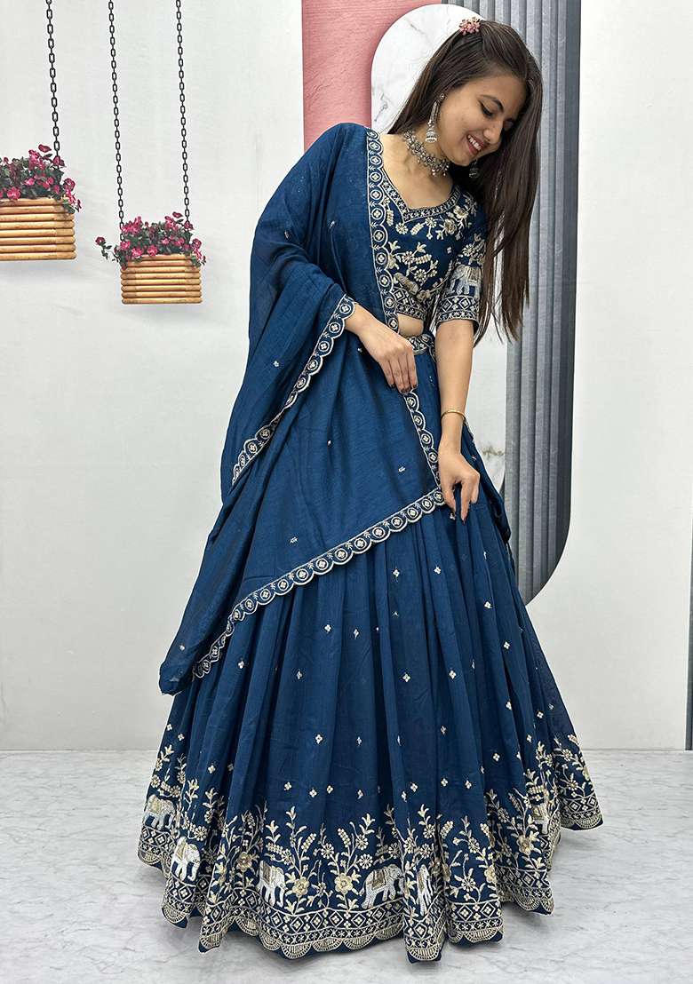 Navy Blue Vichitra Lehenga Set with Embroidery for Diwali | Wedding & Festive Wear - Indya