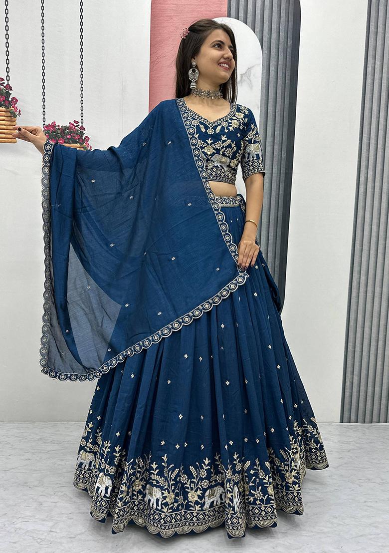 Navy Blue Embroidery Vichitra Lehenga Set - Indya