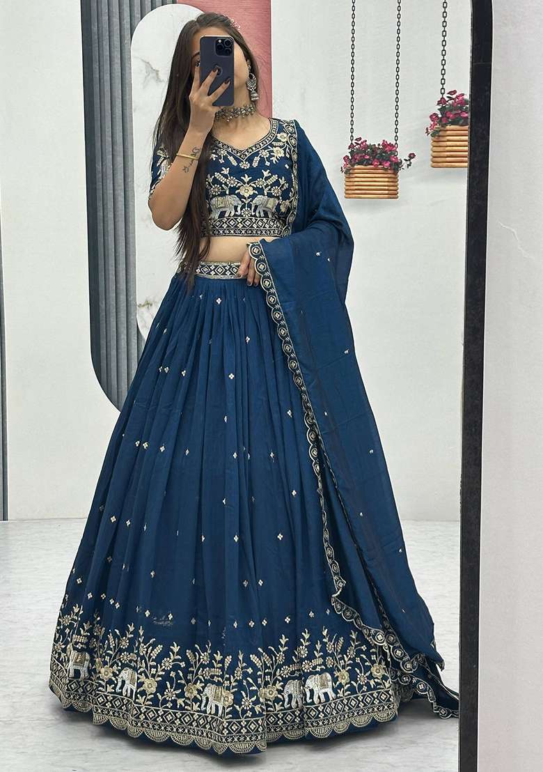 Navy Blue Vichitra Lehenga Set with Embroidery for Diwali | Wedding & Festive Wear - Indya