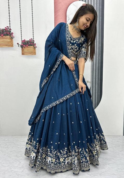 Navy Blue Embroidery Vichitra Lehenga Set