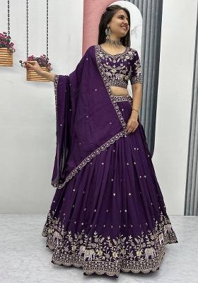 Purple Embroidery Vichitra Lehenga Set