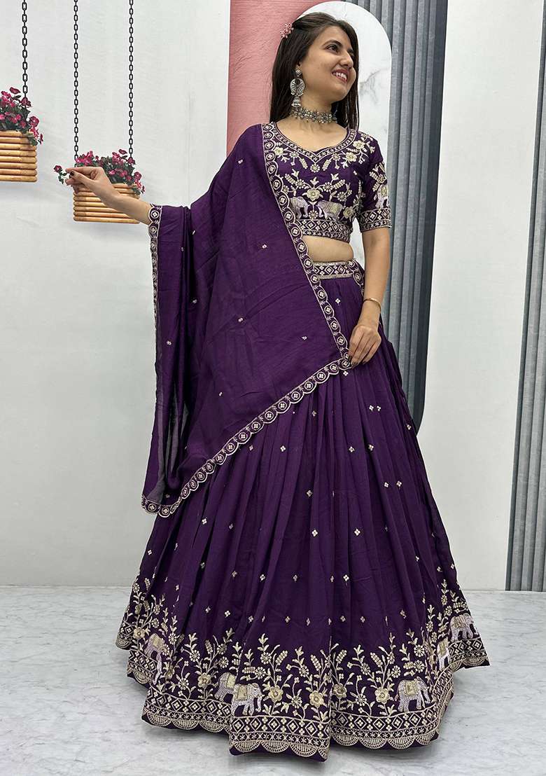 Purple Embroidery Vichitra Lehenga Set for Diwali and Festive Wear - Indya