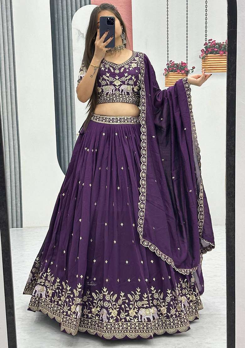 Purple Embroidery Vichitra Lehenga Set for Diwali and Festive Wear - Indya