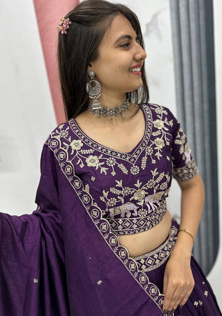 Purple Embroidery Vichitra Lehenga Set - Indya