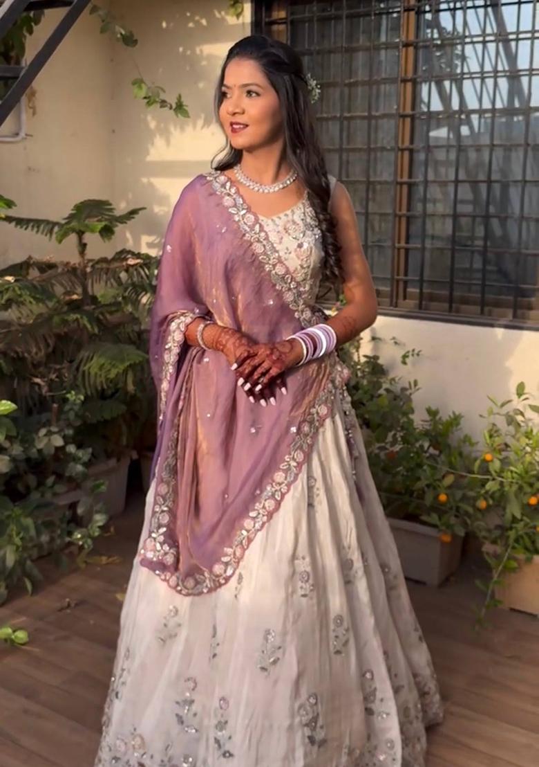 White Embroidery Chinon Lehenga Set - Indya