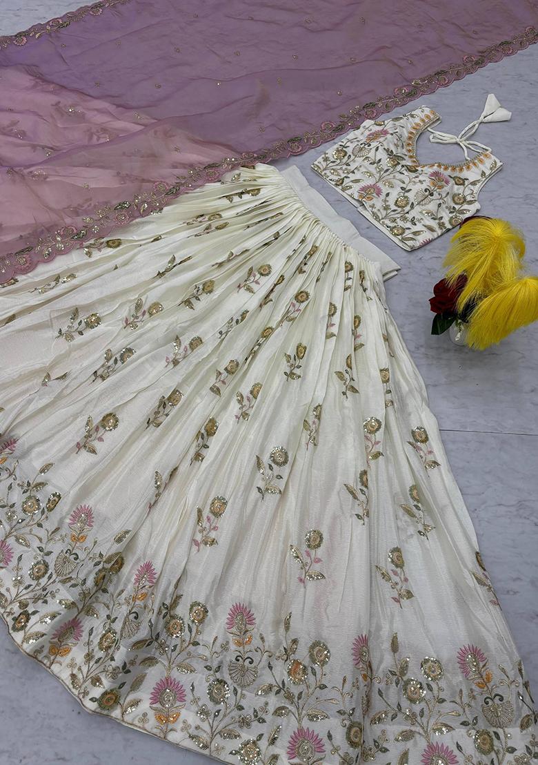 White Embroidery Chinon Lehenga Set - Indya