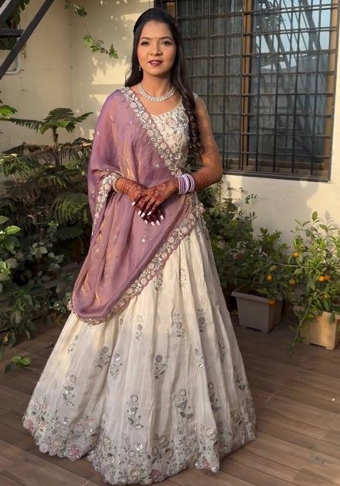 White Embroidery Chinon Lehenga Set