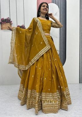 Mustard Embroidery Gold Crush Lehenga Set