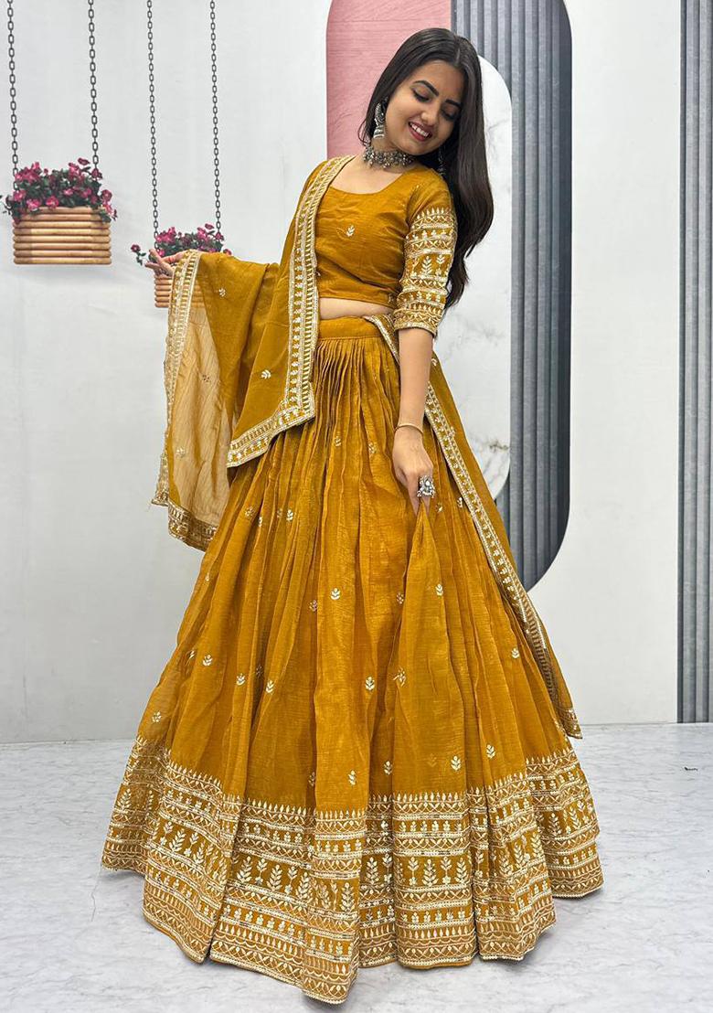 Mustard Embroidery Gold Crush Lehenga Set - Indya