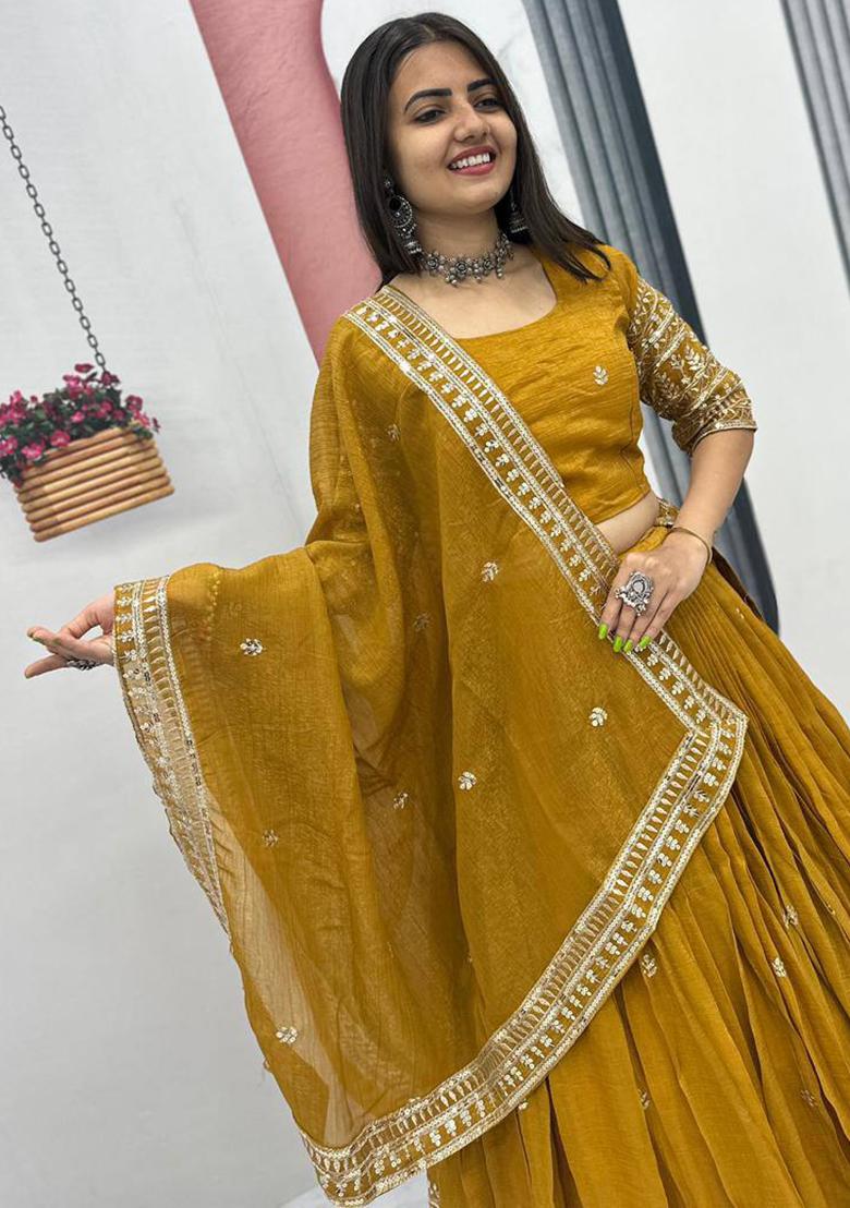 Mustard Embroidery Gold Crush Lehenga Set - Indya