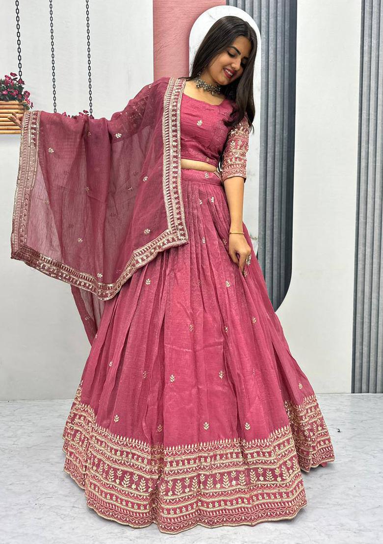 Pink Embroidery Gold Crush Lehenga Set - Indya
