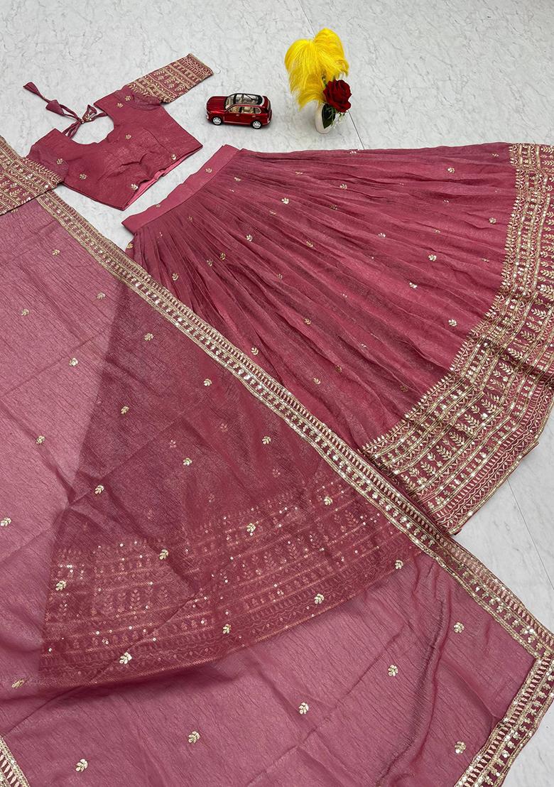 Pink Embroidery Gold Crush Lehenga Set - Indya