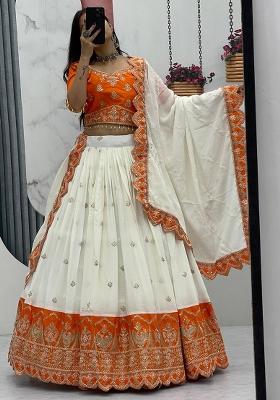 Orange Embroidery Chinon Lehenga Set