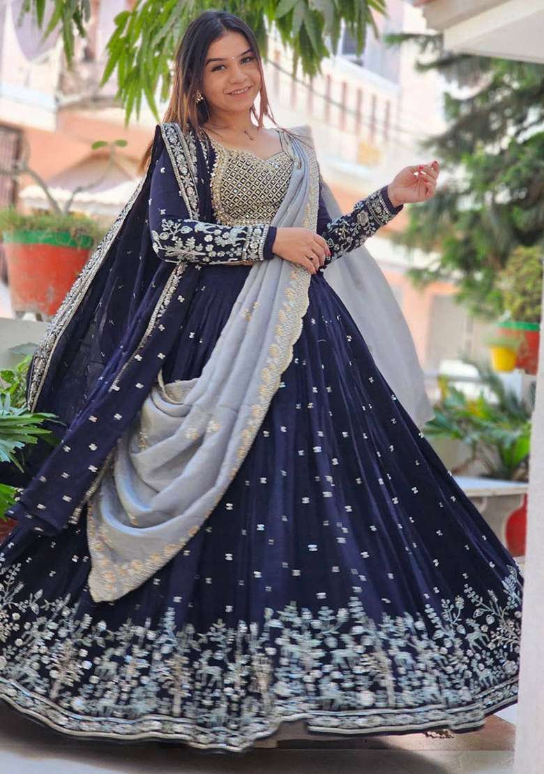 Navy Blue Embroidery Georgette Lehenga Set for Diwali and Festive Wear - Indya