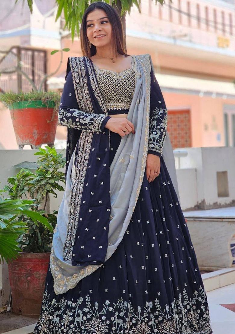 Navy Blue Embroidery Georgette Lehenga Set - Indya