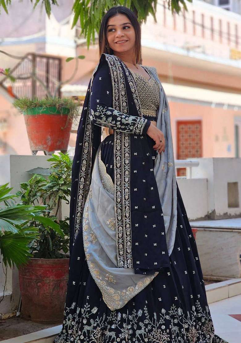Navy Blue Embroidery Georgette Lehenga Set for Diwali and Festive Wear - Indya