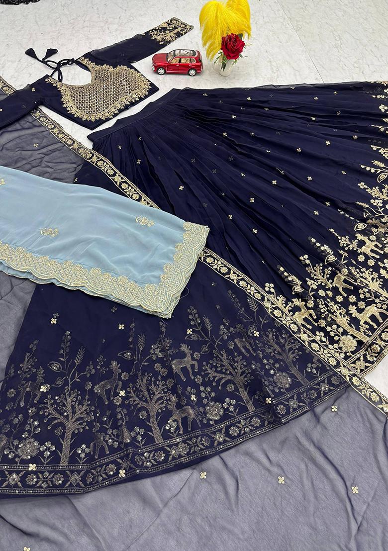 Navy Blue Embroidery Georgette Lehenga Set - Indya
