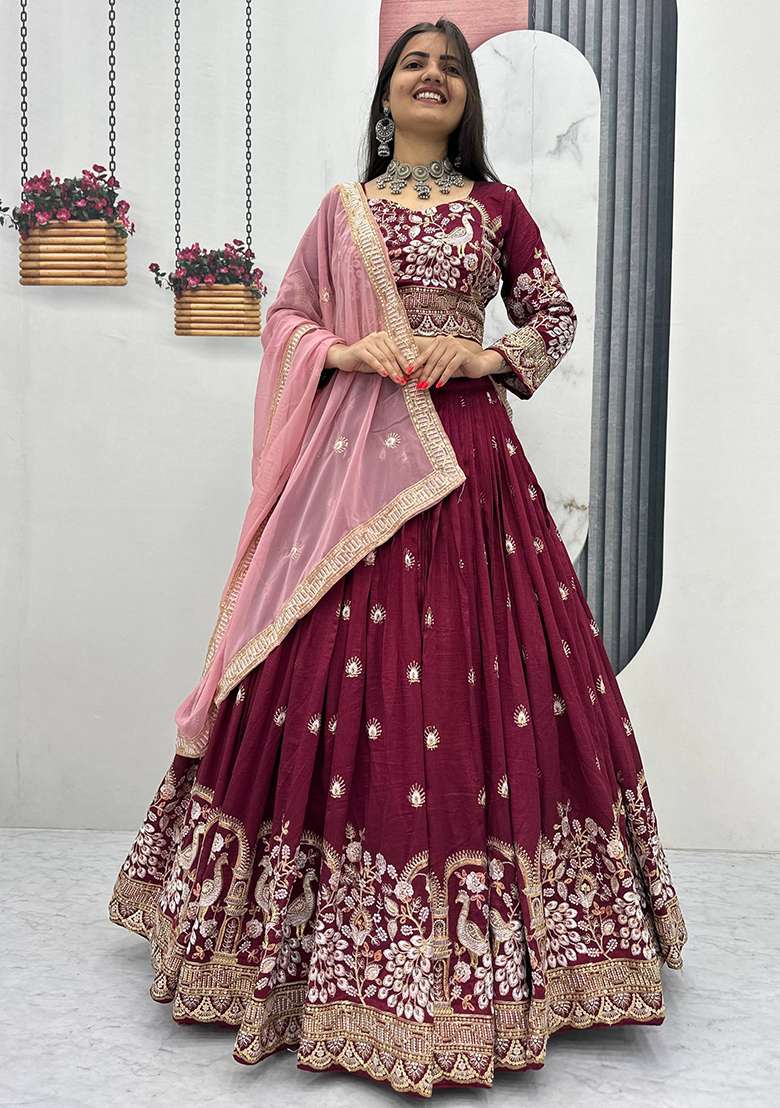Maroon Vichitra Lehenga Set with Embroidery for Diwali | Wedding & Festive Wear - Indya
