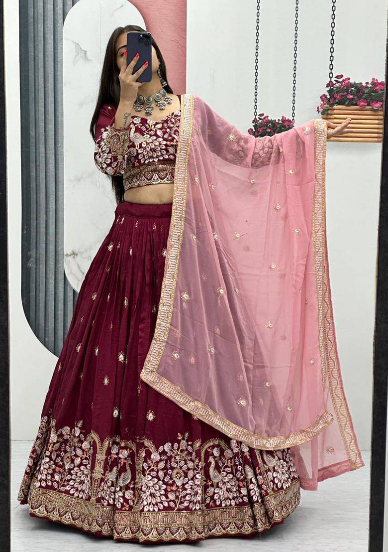 Maroon Embroidery Vichitra Lehenga Set - Indya
