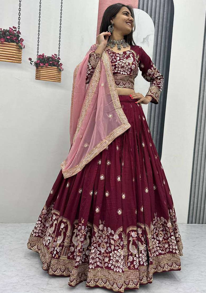 Maroon Vichitra Lehenga Set with Embroidery for Diwali | Wedding & Festive Wear - Indya