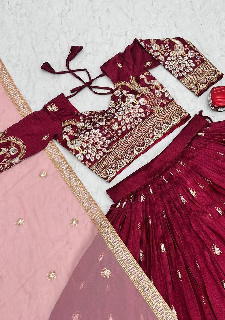 Maroon Embroidery Vichitra Lehenga Set - Indya