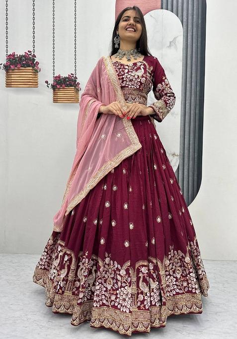 Maroon Embroidery Vichitra Lehenga Set