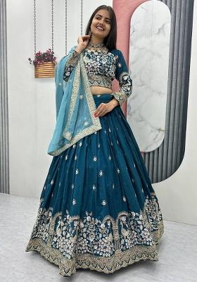 Teal Blue Embroidery Vichitra Lehenga Set