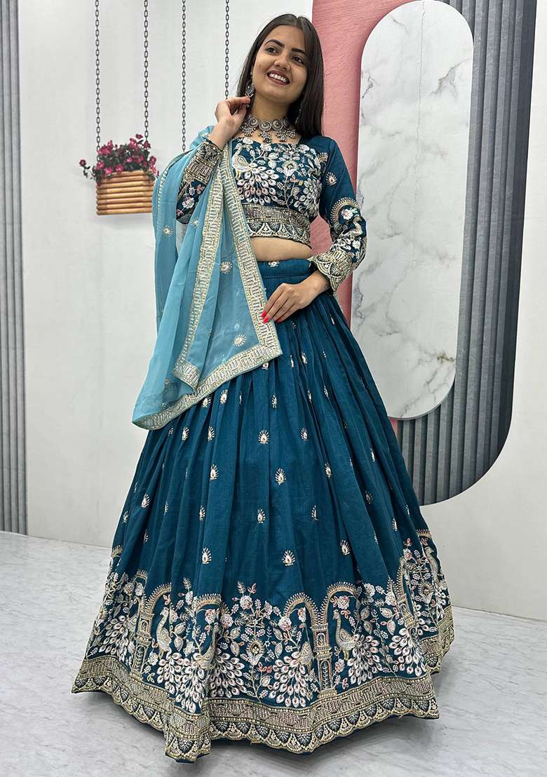 Teal Blue Vichitra Lehenga Set with Embroidery for Diwali | Wedding & Festive Wear - Indya