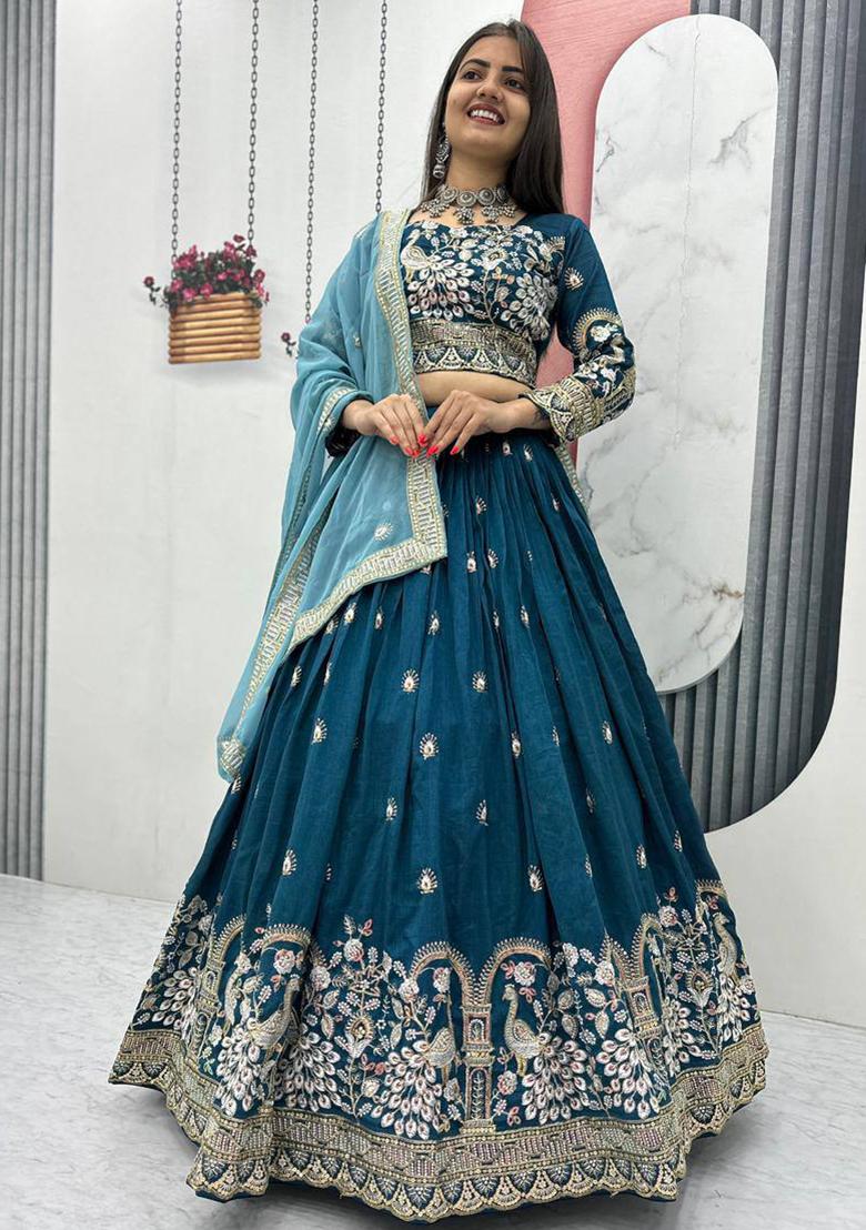 Teal Blue Embroidery Vichitra Lehenga Set - Indya