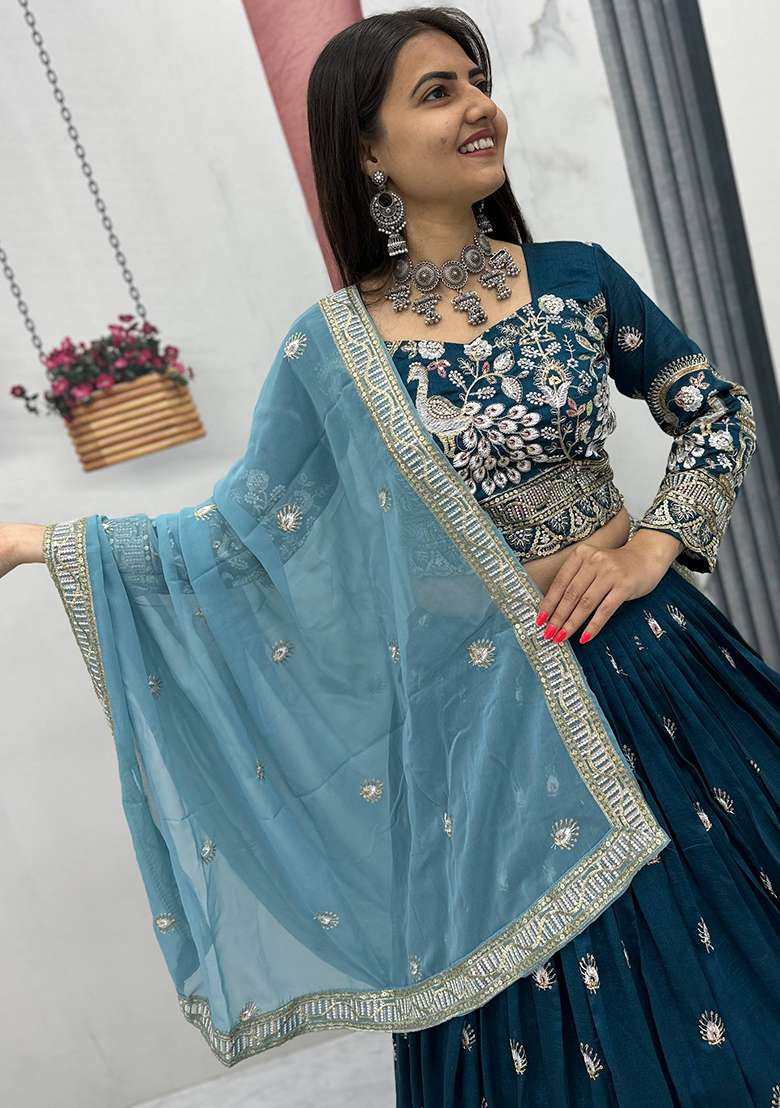 Teal Blue Vichitra Lehenga Set with Embroidery for Diwali | Wedding & Festive Wear - Indya