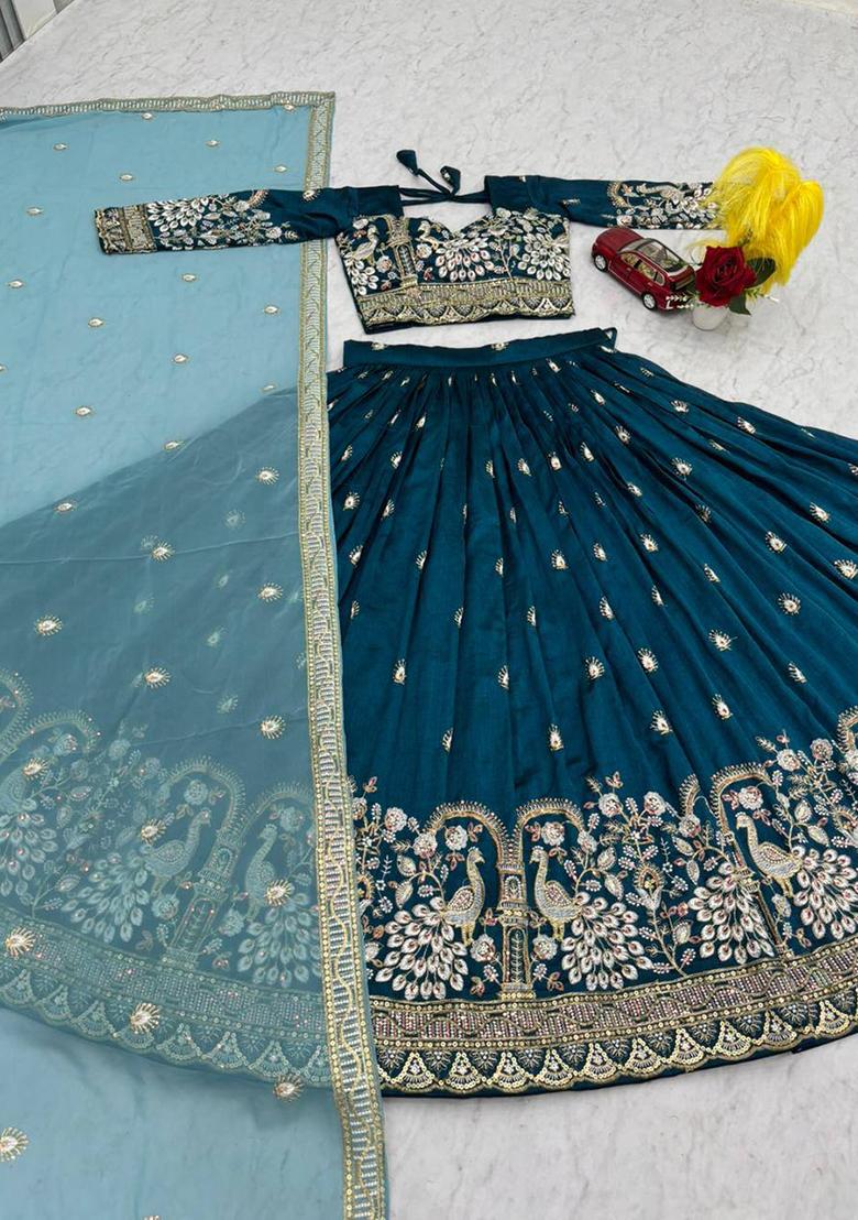 Teal Blue Embroidery Vichitra Lehenga Set - Indya