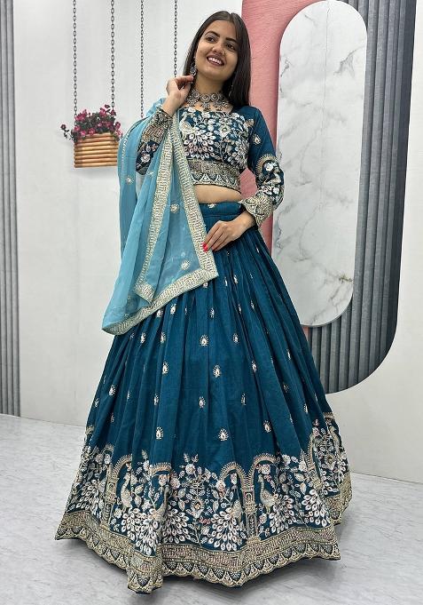 Teal Blue Embroidery Vichitra Lehenga Set