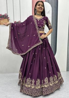 Wine Embroidery Chinon Lehenga Set