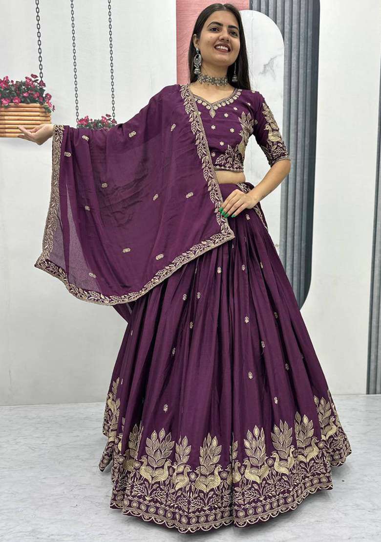 Wine Chinon Lehenga Set with Embroidery for Diwali | Wedding & Festive Wear - Indya