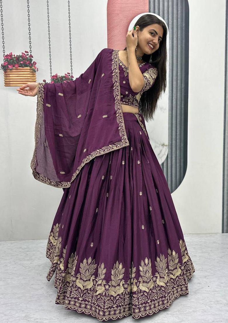 Wine Embroidery Chinon Lehenga Set - Indya