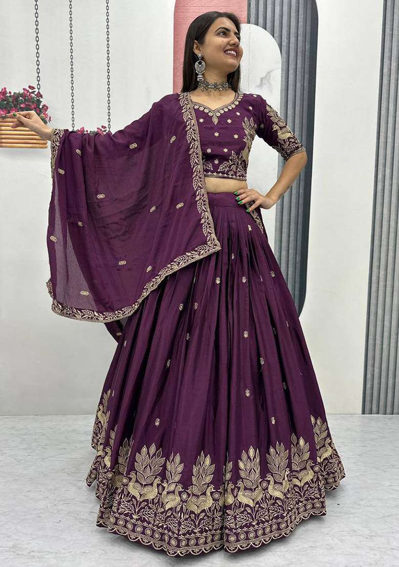Wine Chinon Lehenga Set with Embroidery for Diwali | Wedding & Festive Wear - Indya