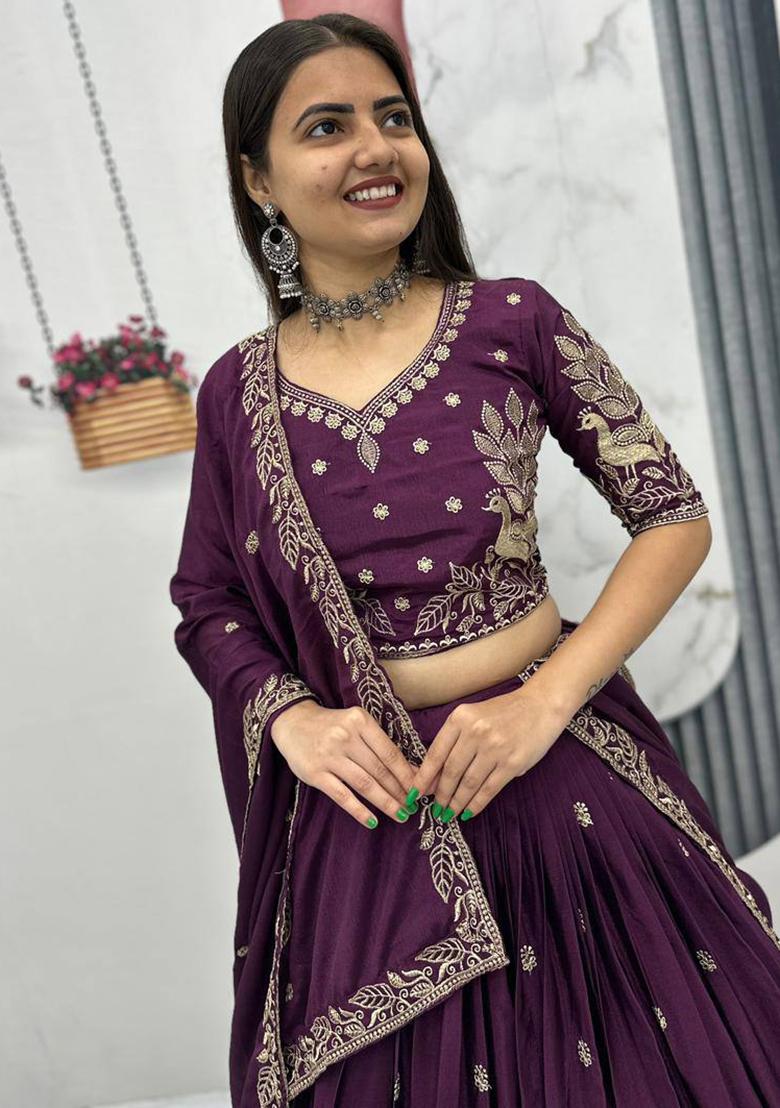 Wine Embroidery Chinon Lehenga Set - Indya