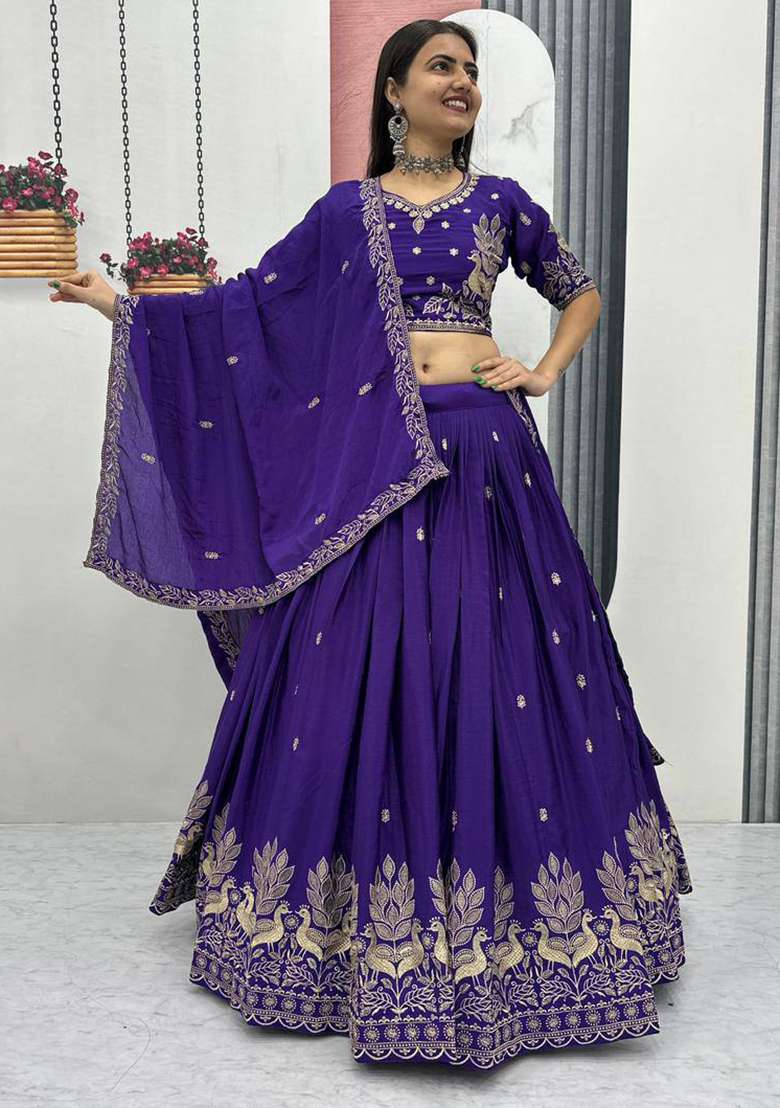 Purple Chinon Lehenga Set with Embroidery for Diwali | Wedding & Festive Wear - Indya