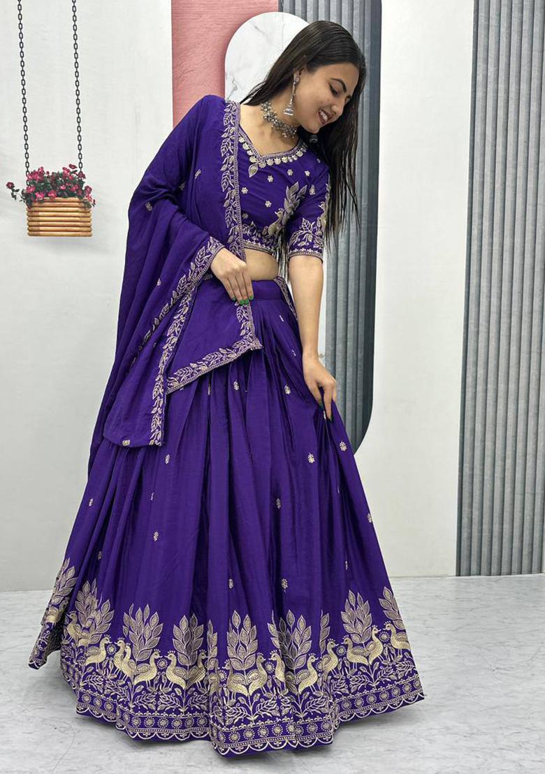 Purple Embroidery Chinon Lehenga Set - Indya