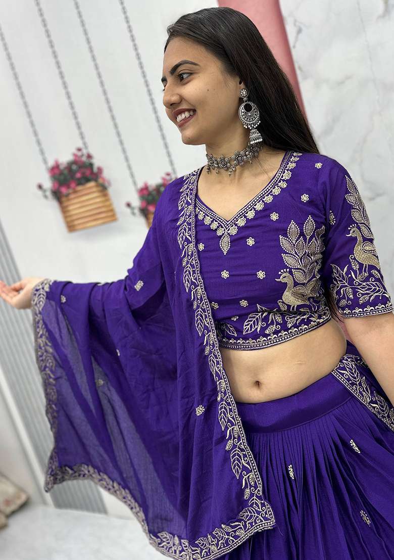 Purple Chinon Lehenga Set with Embroidery for Diwali | Wedding & Festive Wear - Indya