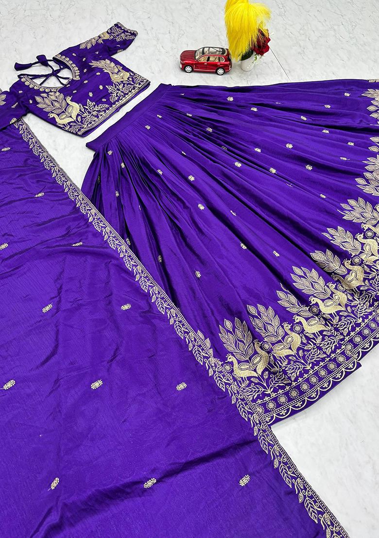 Purple Embroidery Chinon Lehenga Set - Indya
