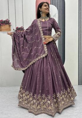 Mauve Embroidery Vichitra Lehenga Set