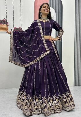 Purple Embroidery Vichitra Lehenga Set