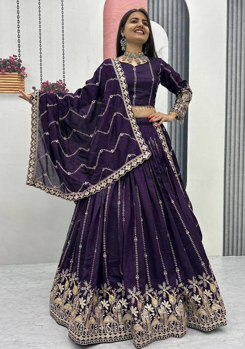 Purple Embroidery Vichitra Lehenga Set