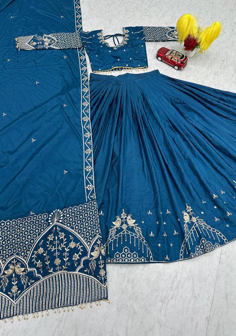 Teal Blue Embroidery Silk Lehenga Set - Indya