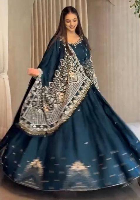 Teal Blue Embroidery Silk Lehenga Set