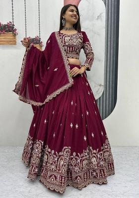 Maroon Embroidery Vichitra Lehenga Set