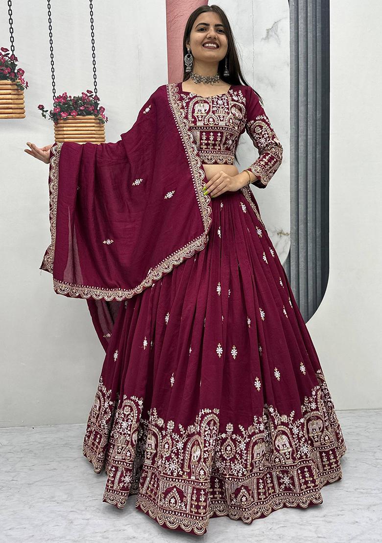 Maroon Embroidery Vichitra Lehenga Set - Indya