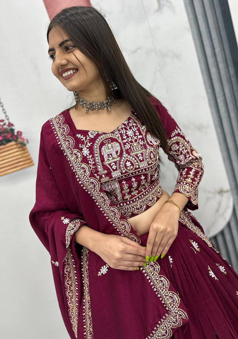 Maroon Embroidery Vichitra Lehenga Set - Indya